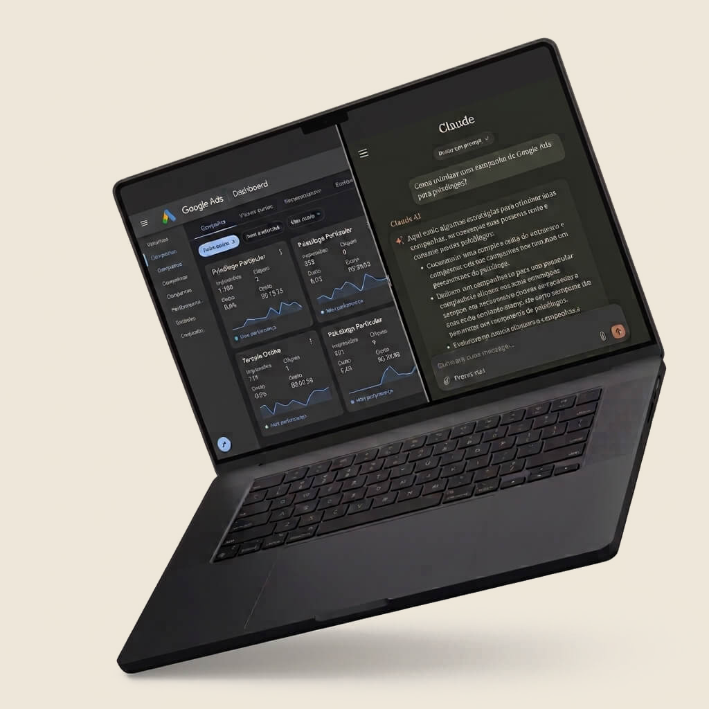Dashboard do Google Ads e o Claude lado a lado em um notebook